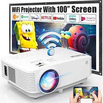 Puxinat Proyector WiFi con Pantalla de 100″, Brillo de 180 ANSI [Más de 7500 Lúmenes], Proyector Portátil 1080P Full HD Mejorado Compatible con TV Stick Smartphone Tablet HDMI USB TF AV.