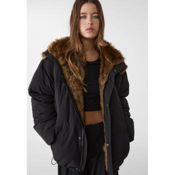 Black Faux Fur Trim Hooded Puffer Jacket Size S