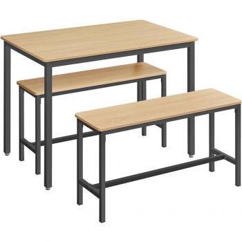 Conjunto de Comedor Completo con Mesa Elegante de 110x70x75 cm y 2 Taburetes de 97x30x50 cm, Marco de Acero, Estilo Rústico en Marrón y Negro