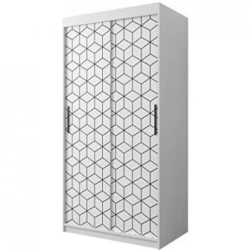 Armario Hartford 280 Blanco con Puertas Correderas, 100x200x62cm, 4 Estantes y Diseño Geométrico