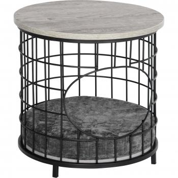 PawHut Mesa Auxiliar Cama para Gatos con Estante Superior, Cojín Desmontable y Lavable, Marco de Acero - Ideal para Salón o Dormitorio 40x40x40 cm Negro y Gris