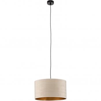 Lámpara colgante Jari de tela 1 luz en blanco-oro, con diseño cilíndrico y pantalla de tela blanca, compatible con bombillas E27