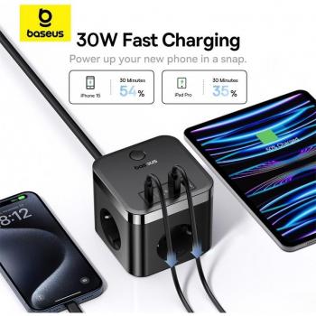 Baseus Regleta PowerCombo Cube 3AC+2U+2C 30W 1.5m UE - Base de alimentación con 3 salidas AC, 2 puertos USB y 2 puertos USB-C, potencia