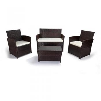 Conjunto de Muebles de Jardín y Terraza: Sofá + 2 Sillones + Mesa de Ratán PE, Color Marrón