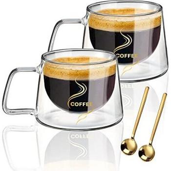 KAMEUN Glass Coffee Cups and Mugs of 2 *200ml, Double Walled Glass Mugs with Handles , Hot Drinking Glasses for Tea, Coffee, Latte, Cappuccino/Beverages