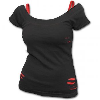 Spiral Women's 2-in-1 Urban Fashion Red Ripped Top - Black, Medium, 100% Cotton