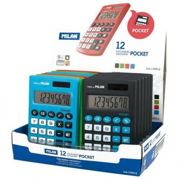 Calculadora de bolsillo Milan de 8 dígitos con doble expositor en colores - Pack de 12 unidades