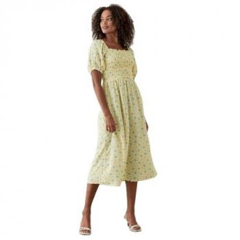 Yellow Ditsy Floral Shirred Midi Dress for Women - Size 12 UK