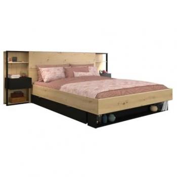 Cama MISTA con Mesas de Noche y Compartimentos 160 x 200 cm - Color Natural y Negro + Somier + Colchón