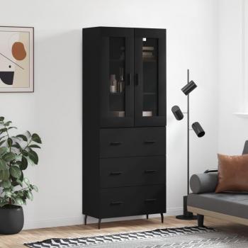 Aparador alto de madera contrachapada negro 69,5x34x180 cm con 3 cajones, mueble de almacenaje para salón, buffet y armario auxiliar