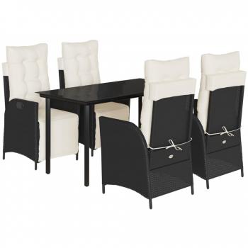 5-Piece Black Poly Rattan Garden Dining Set with Cushions