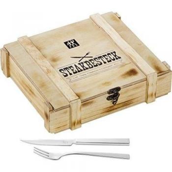 ZWILLING Juego de cubiertos para bistec para 6 personas, 12 piezas, 6 cuchillos para bistec y 6 tenedores para bistec, Incluye caja de almacenamiento de madera, acero inoxidable/madera