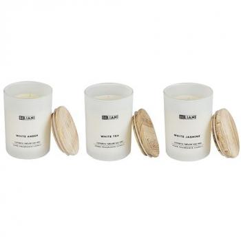 Conjunto de 3 velas aromáticas multicolor 100% cera de soja con mecha de algodón y vidrio blanco, fragancias ámbar blanco, té blanco y jazmín blanco