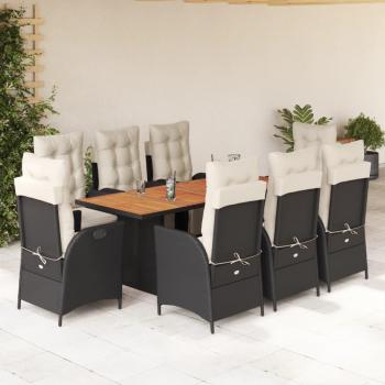 9-Piece Black Poly Rattan Garden Dining Set with Cushions