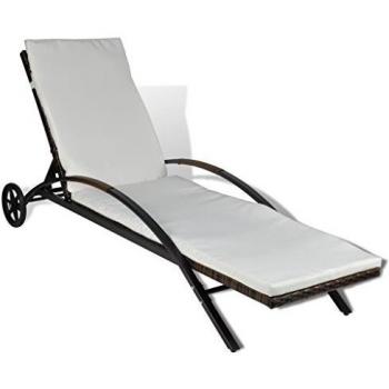 vidaXL Tumbona de Jardín con Respaldo y Cojín Crema Hamaca de Piscina Patio Sofá Asiento de Exterior Terraza de Poli Ratán Sintético Marrón Tipo Mimbre