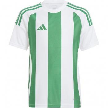 Camiseta de fútbol adidas striped 24 infantil blanca con diseño a rayas, manga corta, material transpirable y logo de adidas