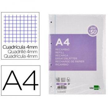 Recambio Liderpapel A4 200+50 hojas 90g/m2 cuadro 4 mm con margen 4 taladros