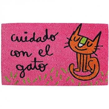 Laroom Felpudo diseño Cuidado con El Gato, Jute & Base Antideslizante, Rosa, 40 x 70 cm