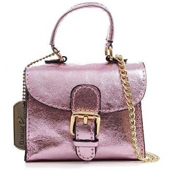 Mini bolso de mano y bandolera Annicco para mujer en piel auténtica con acabado de gamuza lacada, color rosa claro, dimensiones 12x8,5x10,5 cm