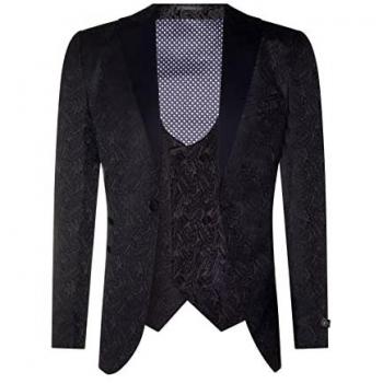 Men's Black Brocade Satin Paisley Tuxedo Blazer and Waistcoat - Size 38