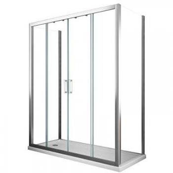 Caja de ducha de 3 lados en vidrio templado de 6 mm con apertura central deslizante de 4 hojas, medidas 87,5-90 cm y altura 208-213 cm