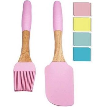 Juego de 2 piezas de cocina y Back en tonos pastes - Espátula y pincel de silicona y madera