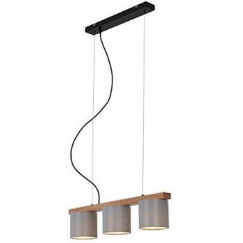 Lámpara Colgante Vintage RHON de 3 Focos, Altura Ajustable, Metal y Madera, Pantallas de Tela Grises, Sin Bombillas (E14, Máx. 25W)