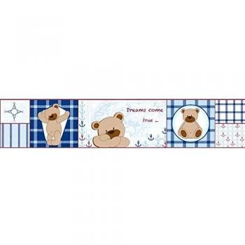 Cenefa Autoadhesiva Infantil Bebé Osito - Tapete Natur, 0.1 x 5 m, Azul y Verde