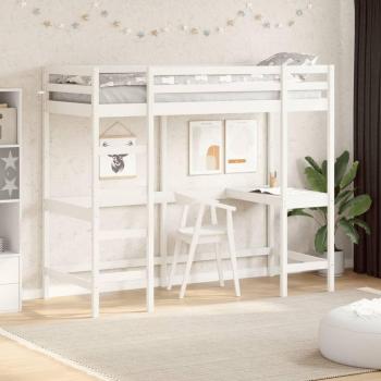 Cama loft con escritorio de madera maciza de pino blanca 75x190 cm