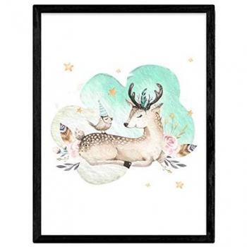 Póster Infantil de Animales - Ilustración de Cervatillo y Pájaro, Tamaño A4 sin Marco