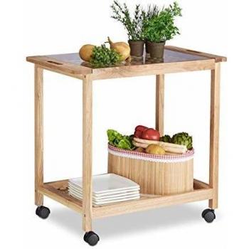Carrito de Cocina con Ruedas de Madera de Nogal y Placa de Cristal, 2 Niveles, 62 x 66 x 38 cm - Relaxdays
