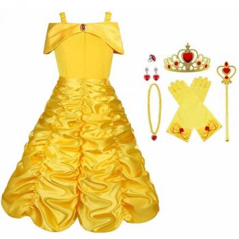 Vicloon Disfraz de Princesa Belle Vestido y Accesorios para Niñas, Corona Anillo Sceptre Collar Pendientes Guantes, para Fiesta Cosplay,Navidad,Fiesta de cumpleaños,Halloween