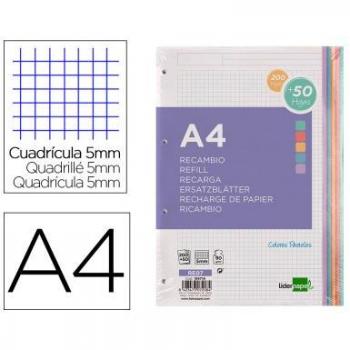 Recambio Liderpapel A4 200+50 Hojas 90g/m2 Cuadro 5 mm 4 Taladros Bandas de 5 Colores