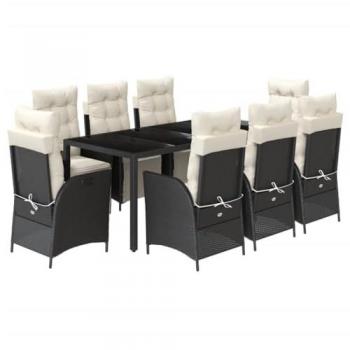 Set de comedor de jardín 9 pzas con cojines de ratán sintético negro