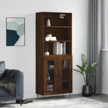 Aparador alto de madera contrachapada marrón roble 69,5x34x180 cm con 2 puertas de cristal, mueble de almacenaje para salón, buffet y armario auxiliar