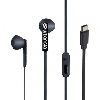 Auriculares con cable híbridos USB-C Urbanista San Francisco Negro, características: auriculares alámbricos, conexión USB tipo C, diseño sin enredos, micrófono integrado para manejo de llamadas, entrada estéreo con cable y botón