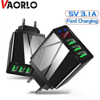 Cargador LED VAORLO USB 5V 3.1A Rápido, Tres Puertos, Conector EU, Pantalla LED, Color Negro