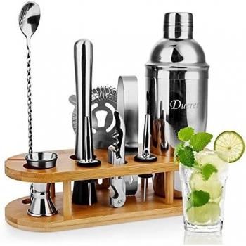 Duerer Kit de barman con soporte, set de coctelera de 11 piezas con elegante soporte de bambú, juego de herramientas Perfect Home Bar y kit profesional de barman Martini - Bono de recetas exclusivas
