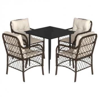 Set comedor de jardín 5 piezas con cojines de ratán sintético marrón
