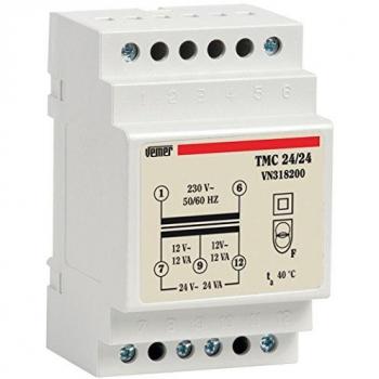 Transformador modular de seguridad Vemer 24VA 12/24V para servicio continuo, instalación en barra DIN, color blanco