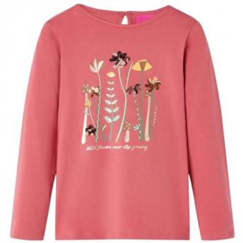 Camiseta Infantil de Manga Larga Estampado de Flores Jersey Cuello Redondo Rosa Envejecido 140