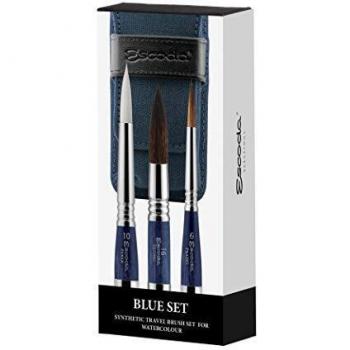 ESCODA Set 3 Pinceles Acuarela - Blue Set Viaje N.6,10,16 Redondo Punta Pelo Sintético Serie Prado Perla Último Estuche Tela Profesional Fabricado a Mano en España.