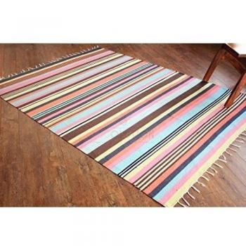 Alfombra de tejido reversible tejido 100% algodón orgánico con tintes vegetales. Estampado a rayas multicolor. Tapete. Medidas: 150x210cm