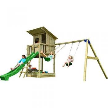 MASGAMES | Parque Infantil Torre Beach Hut L | con Columpio Doble | Asientos Planos de plástico y Cuerdas | Anclajes incluidos | Uso doméstico |