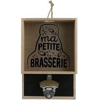 Abrebotellas de Pared con Recogedor de Tapas - Madera y Metal, Beige, 17,8 x 6,8 x 26 cm