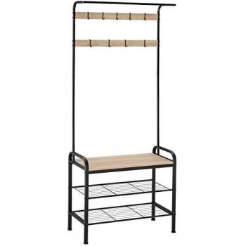 Perchero con Banco Zapatero Industrial - Mueble Organizador de Acero con 9 Ganchos Extraíbles y 2 Estantes Metálicos, Altura 184 cm