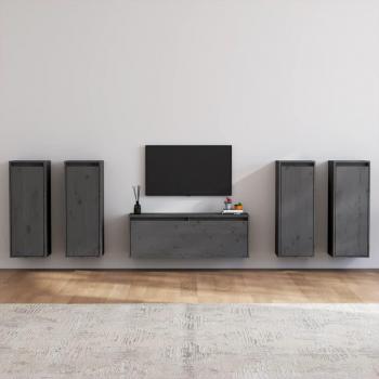 Mueble de TV 5 piezas en madera maciza de pino gris, incluye estanterías y soporte para televisor, diseño moderno y funcional