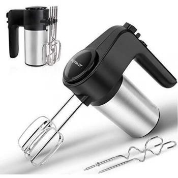 Aigostar Hanson - Batidora eléctrica de cocina de acero inoxidable y 6 velocidades. Batidora de mano de 300 W, 2 batidores y 2 ganchos, botón turbo y soporte para accesorios de acero inoxidable.