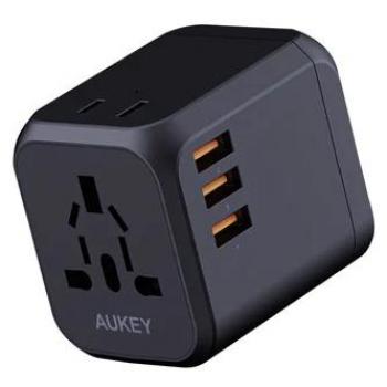 Cargador Adaptador de Viaje Universal Aukey PA-TA04 de 30W con USB-C y USB-A para 150 Países (Reino Unido, EE. UU., UE, Australia, China)