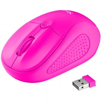 Ratón Inalámbrico Trust Primo en Neón Rosa, Alcance de 8M, 1000/1600DPI, Apto para Diestros y Zurdos con Micro Receptor USB y Funciona con 2xAAA